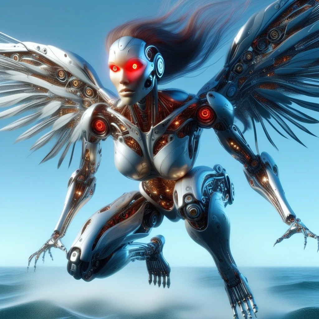 humanoid robot, 1girl, in mid-flight with mechanical wings outstretched, intricate wings designed with interlocking metallic feathers, robot joints visible throughout, full body view, realistic mechanical parts and details, solo figure, long flowing brown hair, strands flying back with the motion, glowing red eyes emitting a focused light, defined nose and lips, neutral facial expression, subtle glowing effect from facial plates, clearly defined breasts with mechanical detailing, mechanical arms extended outward, multiple hands with fingers spread, showcasing the complexity of mechanical fingers, powerful mechanical legs bent as if ready to land, mechanical feet without shoes, standing barefoot on the surface of the ocean, water splashing around from the impact, set against a backdrop of the open ocean, dramatic cloud formations in the sky, the setting sun casting a warm glow over the scene, blending advanced robotics with natural beauty, emphasizing the contrast between technology and nature, highlighting the elegance and power of the robotic figure