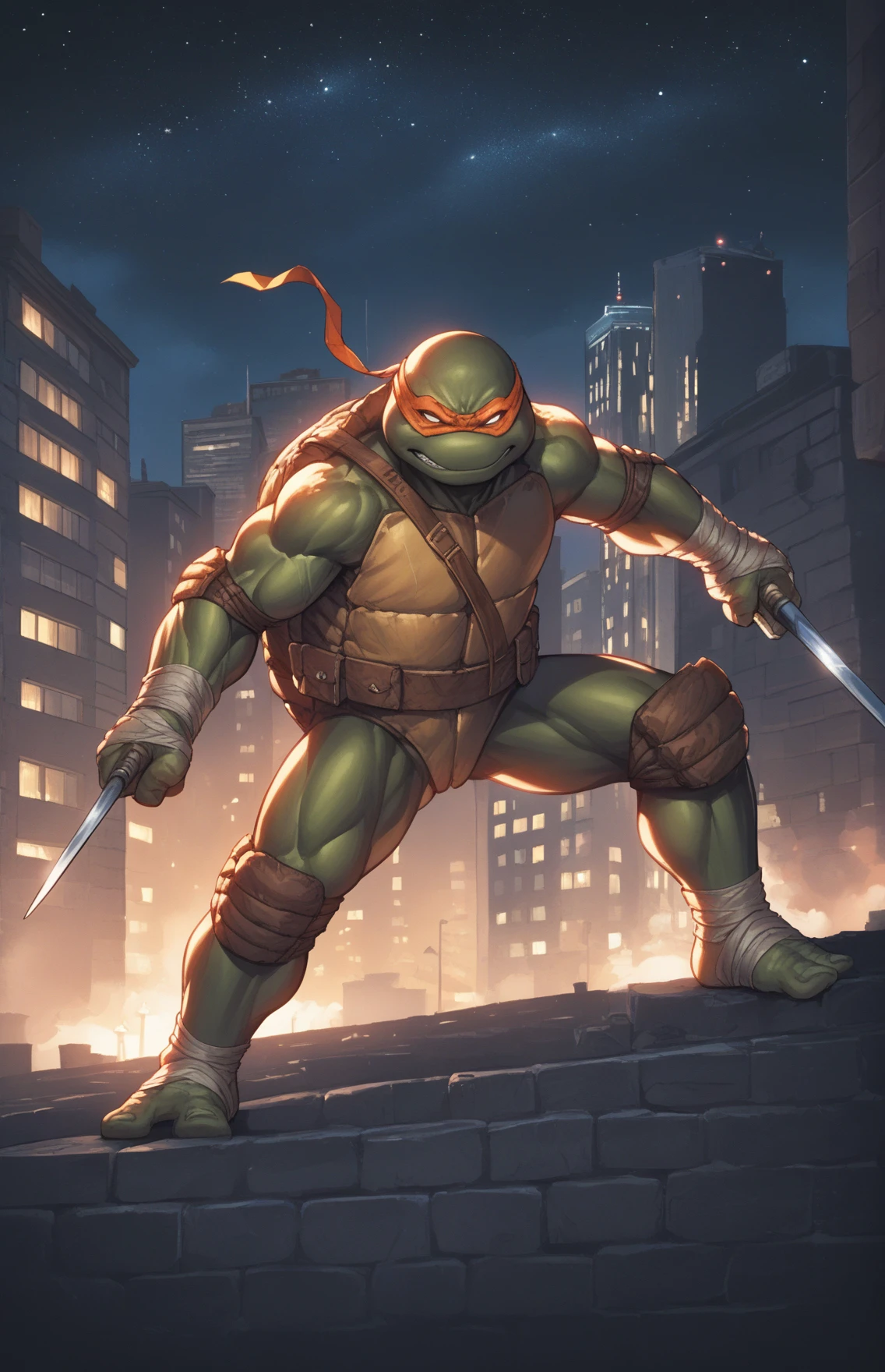 score_9, score_8_up, score_7_up, ((source_cartoon, digital painting)), masterpiece, high quality ((quadruplets, 4boys)),
<lora:TMNT_AIO__DigitalArtStyle_Pony:1>, solo, a TMNTMichelangelo a teenage mutant ninja turtle wearing an orange bandana mask with eye-holes, standing on a city rooftop in a fight stance pose. Dynamic lighting and shadows, city lights and skyscrapers fill the background and the image gives a deep atmosphere of tension and the sense that a battle will soon take place.
(standing, fight stance)
((on a city rooftop, at night)), dark sky, city lights, skyscrapers in background
dynamic lighting, cinematic