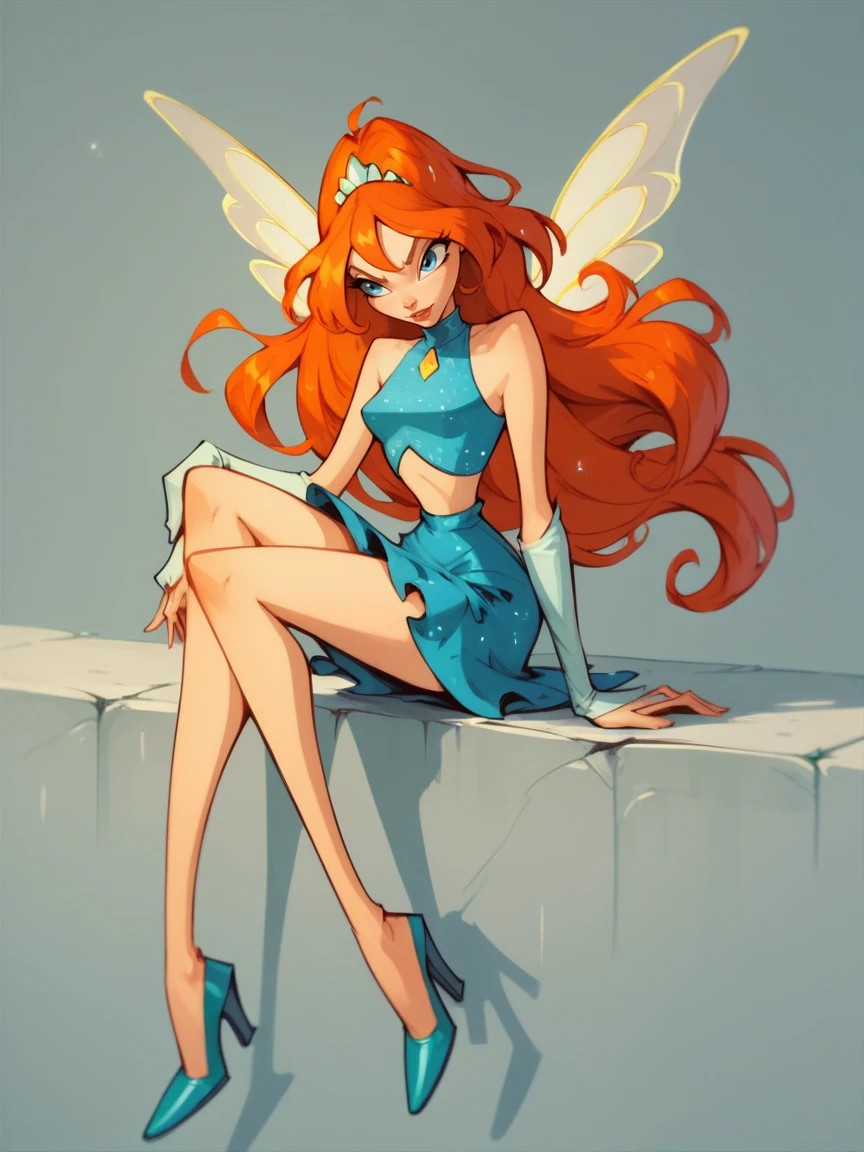 score_9, score_8_up, score_7_up, score_6_up, score_5_up,   <lora:bl00mXLP:0.8> bl00m, 1girl, long hair, solo, blue eyes, wings, orange hair, skirt, high heels,