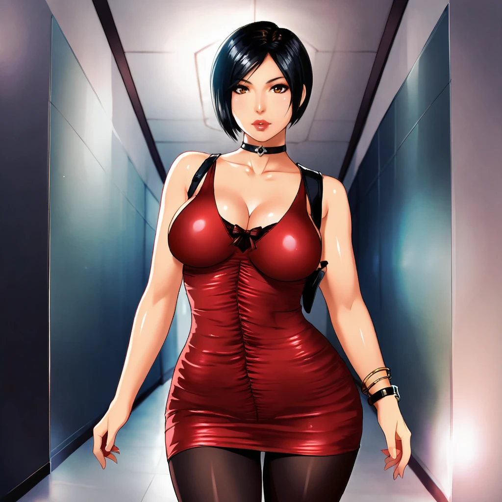 <lora:adawongresidentevil2remake_pony_v1:.8>AdaResidentEvil2Remake, 1girl,solo,  red dress, black pantyhose, brown eyes, short hair, black hair, black choker, jewelry, large breasts, bracelet, sleeveless dress, bob cut, lips, short dress, cowboy shot