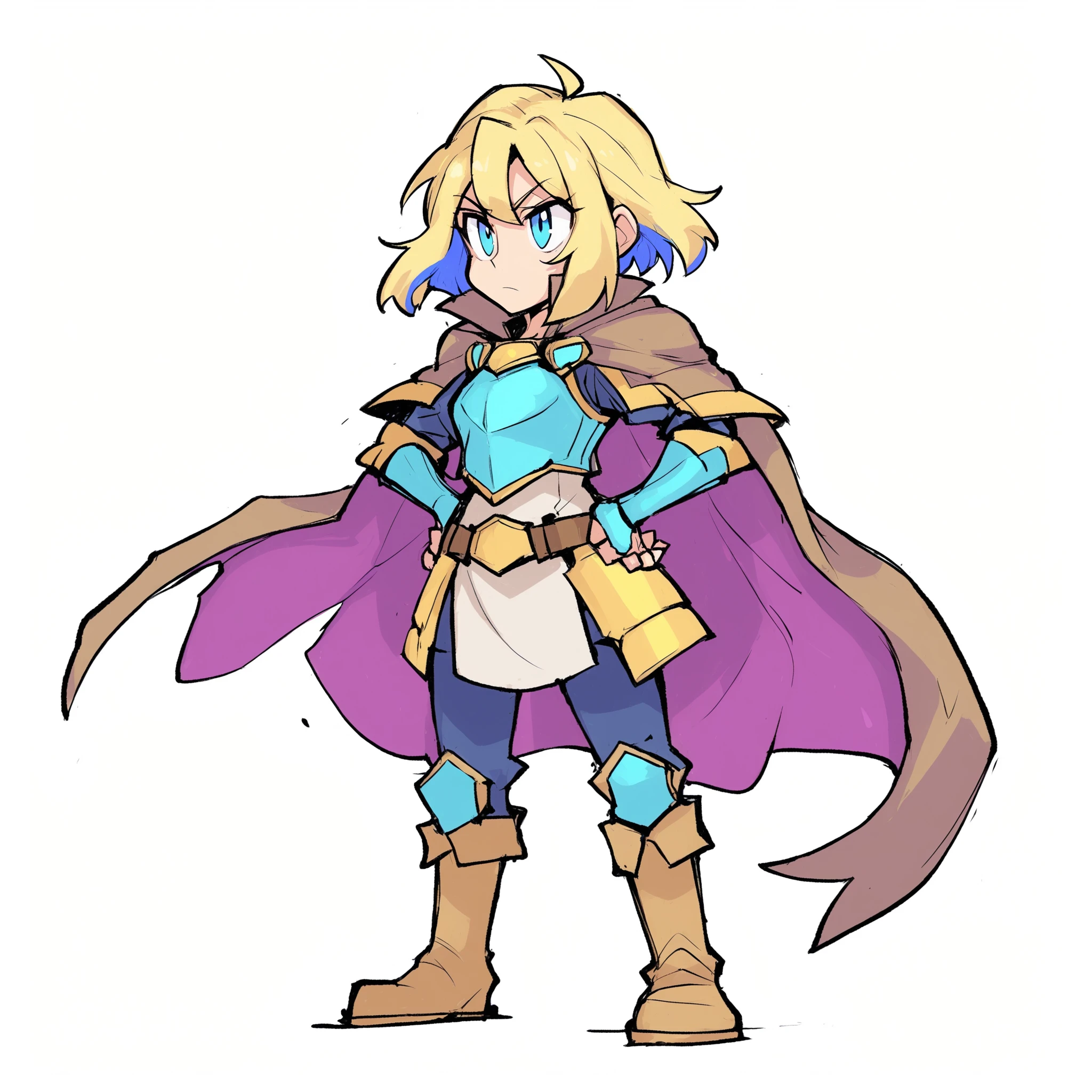 <lora:guiwu_XL_V1.0:0.8>,wuxg1,solo, blue_eyes, short_hair, armor, 1girl, hands_on_hips, brown_hair, blonde_hair, cape, white_background, boots, simple_background, multicolored_hair, full_body