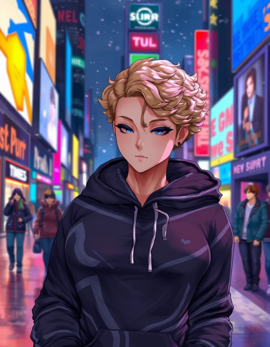 Pro \(Cutesexyrobutts\),1 woman with short blonde curly hair, black hoodie with a minimalistic cat design on the front, wearing with eyeliner, background is a street view of Newyork times square at night, neon signs in the background, it is snowing, <lora:Cutesexyrobutts-Flux1_epoch_5:1>