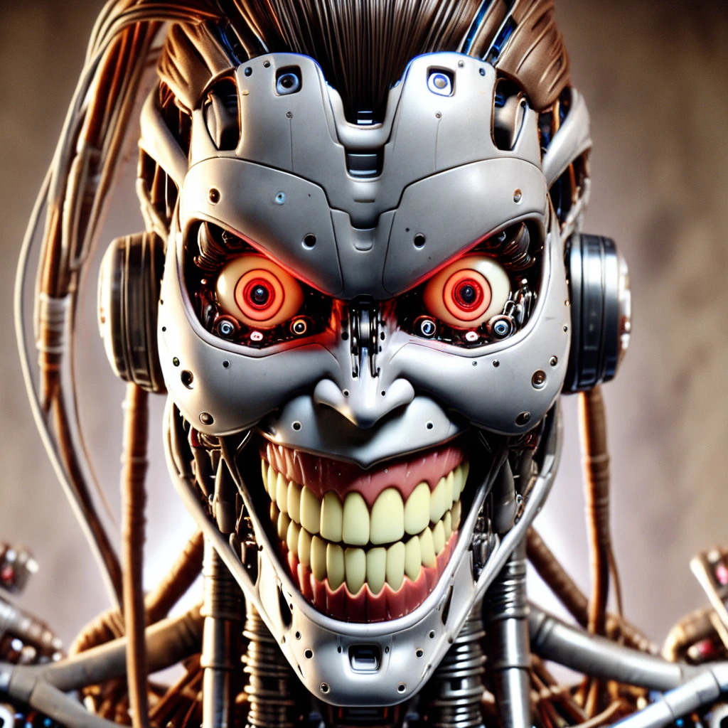 humanoid robot, 1girl, close-up, portrait, mechanical parts, no humans, realistic, solo, brown hair, strands of hair cascading down from the head, large glowing red eyes, looking at viewer, nose, smile, grin, slight dimples in the cheeks, open mouth, clenched teeth, cables protruding from the neck area, neck composed of exposed mechanical parts and wires, glowing, blurry background, cables, horror (theme)