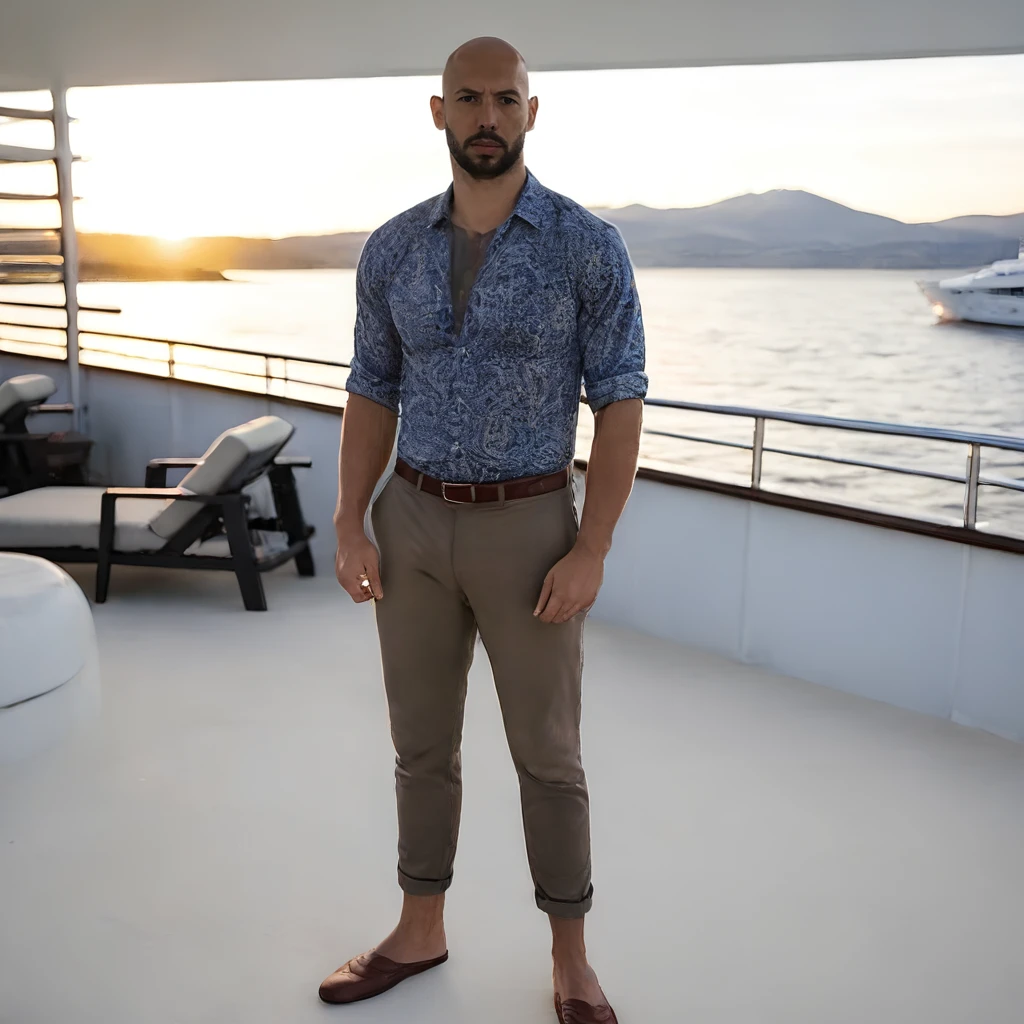 andrew tate,  <lora:AndrewTateV2-CruzFlesh:0.85><lora:Hyper-SDXL-8steps-lora:0.5>  wearing clothes, full body standing on a yacht, chest tatoo, open shirt