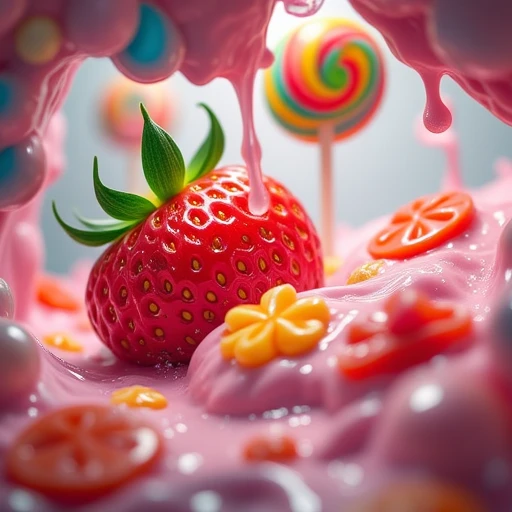 food focus, artist name, abstract, lying, slimebath, strawberry, multicolored hair, no humans, slimy, blurry, flower, teeth, colorful slime, lollipop, blurry background