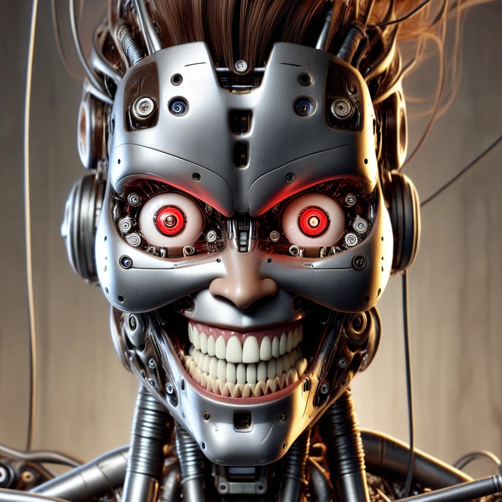 humanoid robot, 1girl, close-up, portrait, mechanical parts, no humans, realistic, solo, brown hair, strands of hair cascading down from the head, large glowing red eyes, looking at viewer, nose, smile, grin, slight dimples in the cheeks, open mouth, clenched teeth, cables protruding from the neck area, neck composed of exposed mechanical parts and wires, glowing, blurry background, cables, horror (theme)