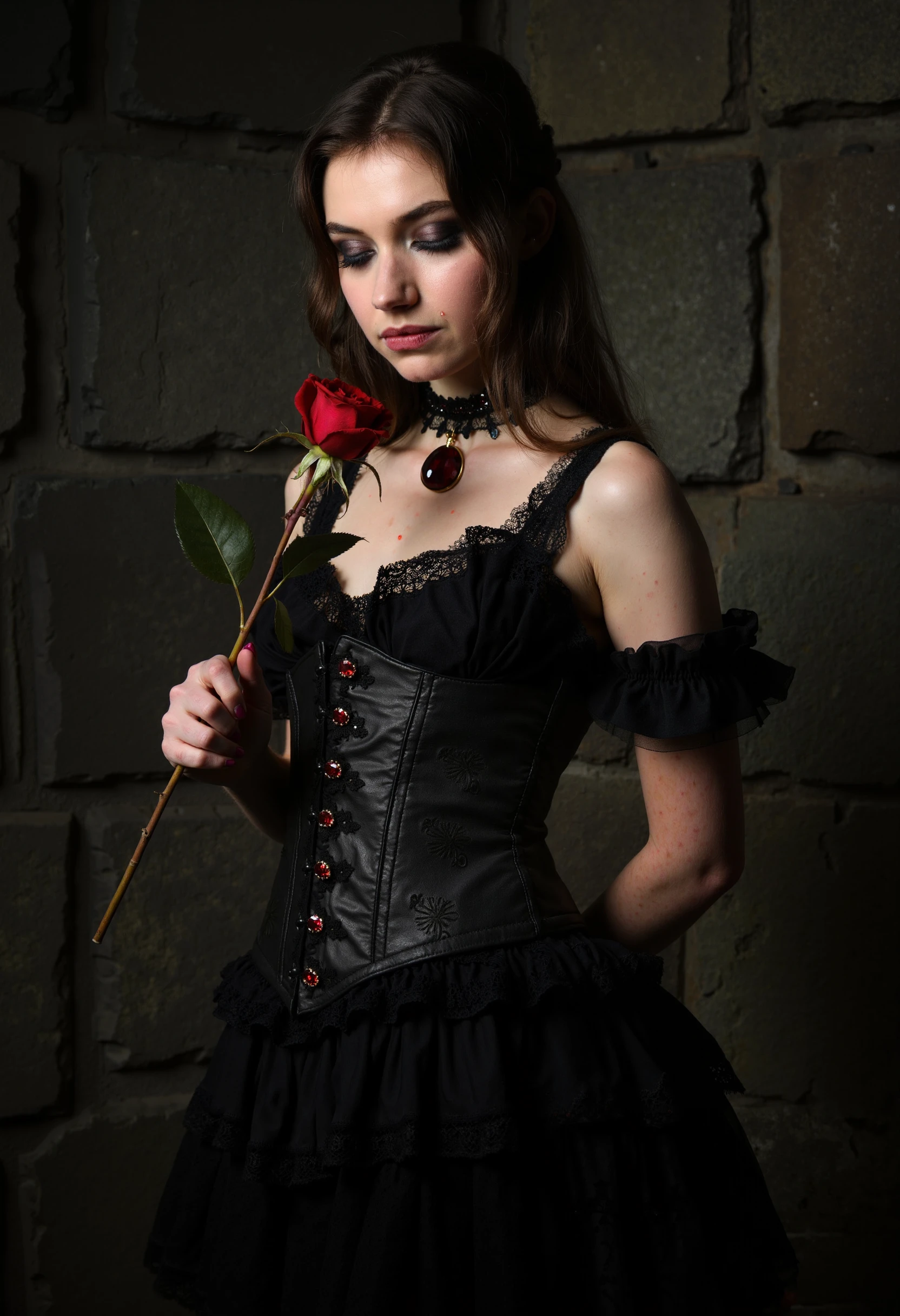 

In this professional studio headshot, a young woman imogenpoots stands with a proud yet somber demeanor, illuminated by a hard studio light that casts sharp, defined shadows, emphasizing the high-quality, dramatic nature of the shot. The intense lighting brings out every detail of her elegant gothic attire, adding a striking contrast to the scene. Her long, dark brown hair flows down her back in soft, natural waves, slightly tousled, giving her an intriguing mix of strength and vulnerability. The hard light accentuates her striking features, with smokey eye makeup deepening the shadows around her expressive brown eyes, giving her a haunting, enigmatic gaze. She is dressed in a tight black corset top that cinches at her waist, accentuating her petite frame and standing out sharply against her pale skin. The intricate lace detailing on the corset is highlighted by the studio light, adding texture and sophistication to her gothic ensemble. Her skirt is long and flowing, composed of layered black fabric that drapes down to the floor, with the light capturing the depth and texture of the dark material. Around her neck, she wears a black choker necklace, intricately designed with red gemstones that glint under the studio light, adding a subtle yet vibrant touch to her otherwise dark attire. Her expression is serious and introspective, her eyes cast downward in a contemplative gaze, as if lost in thought. In her hands, she holds a single, velvety red rose, its delicate petals starkly contrasting with her gothic outfit. The rose, captured in the bright studio light, stands out as a vivid symbol of both beauty and fragility. The backdrop is a dark, richly textured stone wall, its surface sharply defined by the studio lighting. The hard light highlights the contours of the stone, creating pronounced shadows that add depth and intensity to the scene. The overall ambiance is dramatic and high-contrast, with the woman embodying a sense of haunting elegance and introspection
