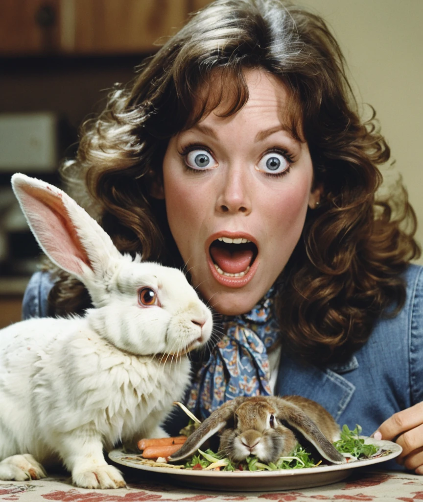 a professional absurdres sharp focus intricately detailed photograph of a cute (Pamela_Hensley:1.1), with a surprised look, 
attempting to eat a rabbit whole,
 <lora:Pamela_Hensley-SDXLe14:0.8>