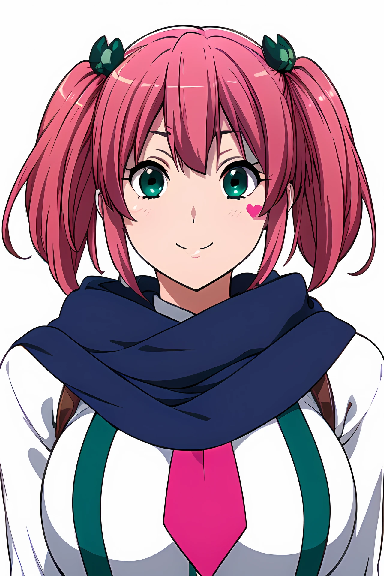 Simple Background,(White_Background:1.1),
dynamic pose,standing at attention,
blue scarf,Green Shirt, long sleeves, , Pink necktie, Suspenders,
<lora:Satone_Shichimiya_Chu2Byo-KK77-V1:0.7>,Satone_Shichimiya_Chu2Byo, heart on her face,
Green eyes, pink hair,bangs,short hair,Makeup, red lipstick, twintails, hair ornament,
<lora:more_details:0.1>,<lora:NovelAI_YesMix5_KKStyle-KK77-Yes5-V1:0.3>,<lora:Oda_Non_Style2-KK77-Yes5-V1:0.3>,
1 girl, 20yo,Young female,Beautiful long legs,Beautiful body,
Beautiful Nose,Beautiful character design, perfect eyes, perfect face,expressive eyes,perfect balance,
looking at viewer,(Focus on her face),closed mouth, (innocent_big_eyes:1.0),(Light_Smile:0.3),
official art,extremely detailed CG unity 8k wallpaper, perfect lighting,Colorful, Bright_Front_face_Lighting,White skin,
(masterpiece:1.0),(best_quality:1.0), ultra high res,4K,ultra-detailed,
photography, 8K, HDR, highres, absurdres:1.2, Kodak portra 400, film grain, blurry background, bokeh:1.2, lens flare, (vibrant_color:1.2),professional photograph,
(Beautiful,large_Breasts:1.4), (beautiful_face:1.5),(narrow_waist),