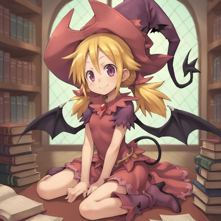 (score_9, score_8_up, score_7_up, score_6_up), source anime, BREAK, <lora:Witch:0.80> , widef, 1girl, blonde hair, low twintails, purple eyes, witch, red witch outfit, witch hat, bat wings, tail, dress, (close-up, face), looking at viewer, serene, elegant, graceful, smile, BREAK, <lora:zy_Detailed_Backgrounds_v1:0.6> , detailed background, highly detailed, interior, library, bookshelves,  <lora:fabula_ultima_character_art_style_v1:0.4> , fabula-ultima,