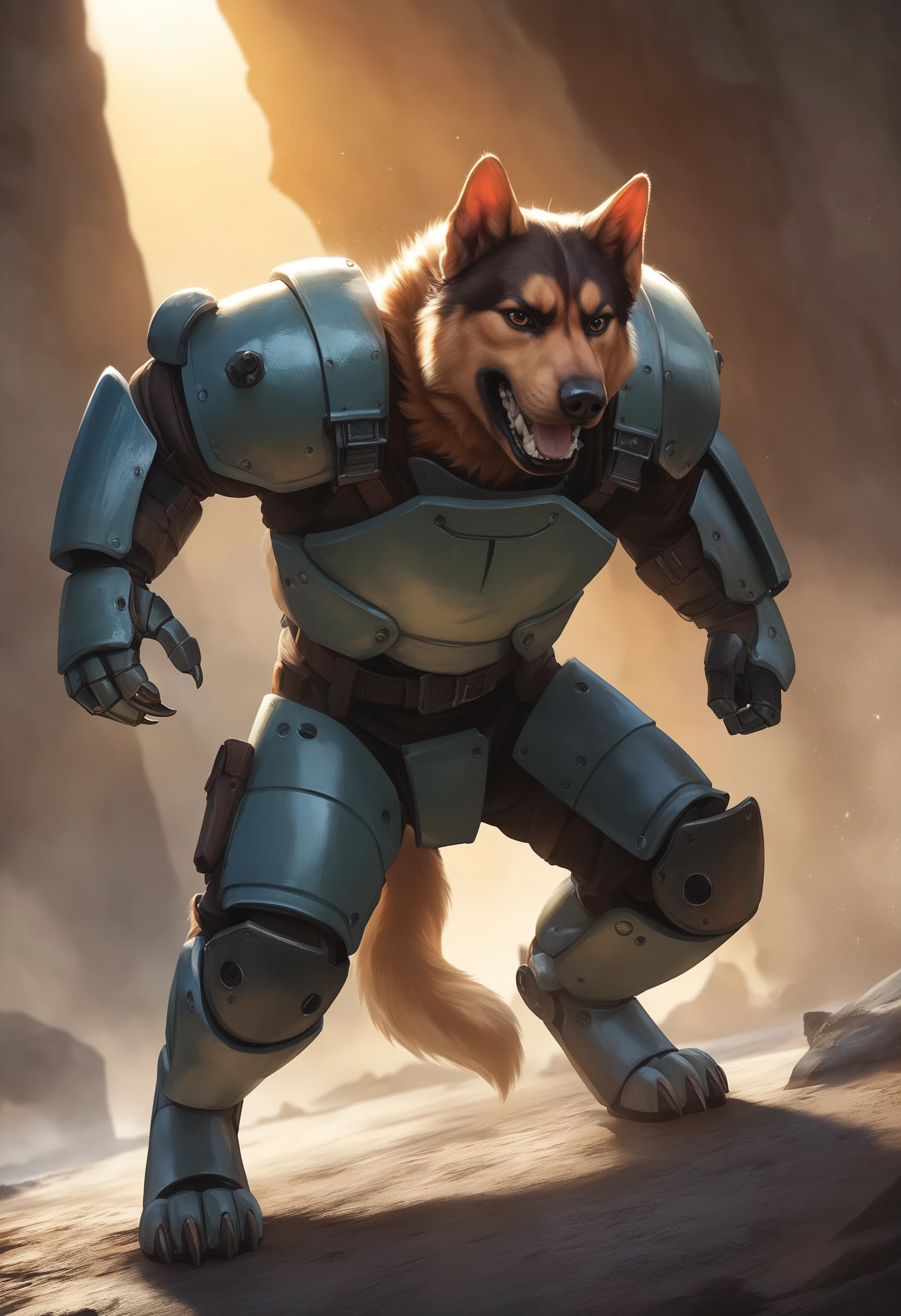 source_furry, photorealistic Full body view, (Fierce dog in combat:1.3), Rule of thirds composition, Snarling muzzle, Claws bared, (cyborg Cyan armored furry dog glinting:1.2), Intense battle stance, Gritted teeth, (Dramatic conflict:1.2), (Harsh lighting:1.3), Dynamic brushstrokes, Tense atmosphere, Vivid colors, highly detailed, lifelike, precise, accurate, score_9, score_8_up, score_7_up, score_6_up, derpibooru_p_95, rating_explicit, photography, realistic sun light and shadows, photorealism, UHD --ar 9:16 --style raw --stylize 700,