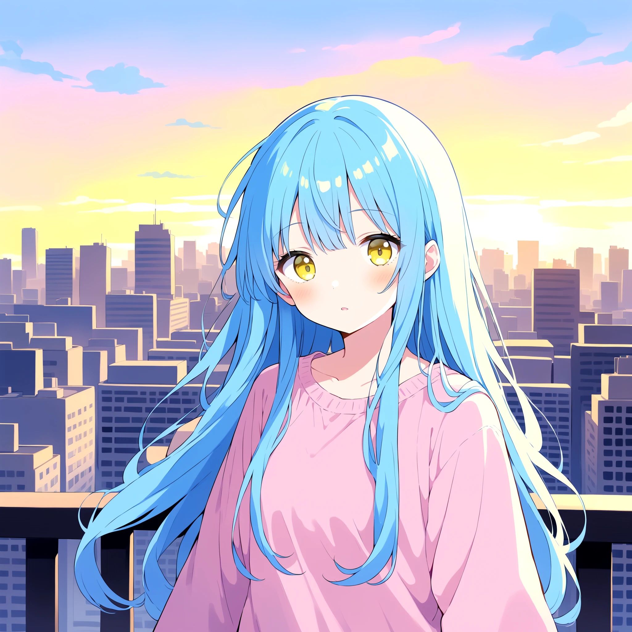 <lora:Gouache_SDXL:0.7>, 1girl, long sleeves, blue hair, yellow eyes, day, sky, city, pastel colors, Gouache