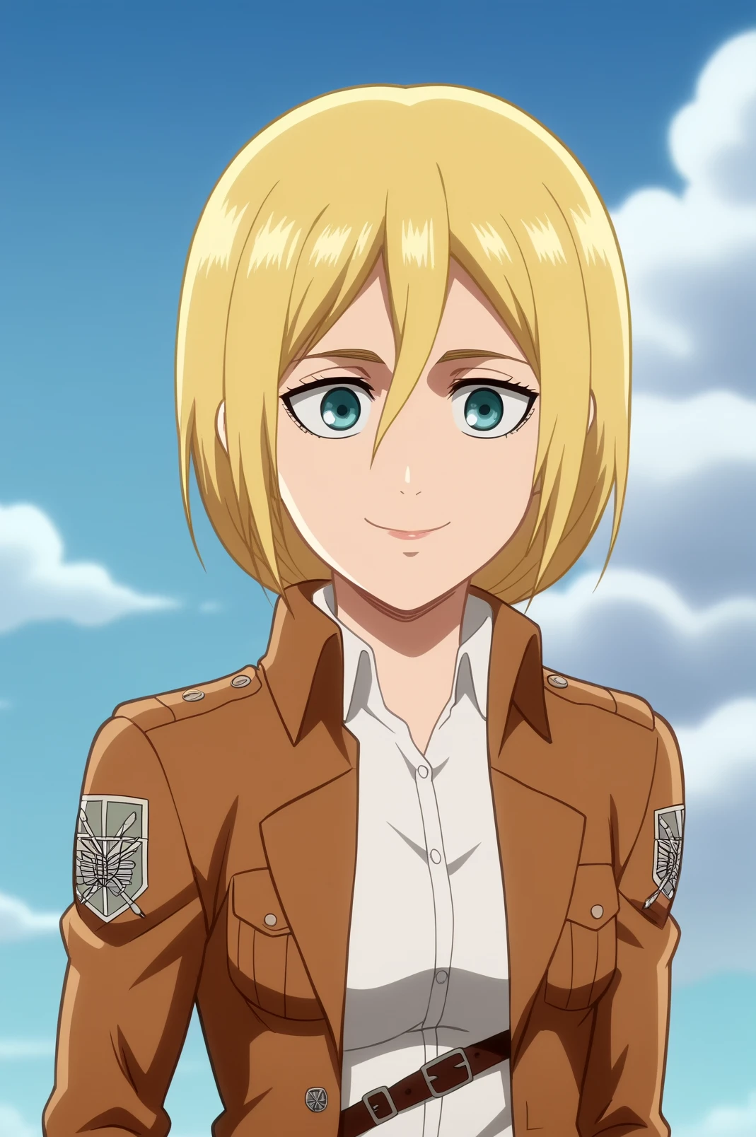 historia reiss,anime screencap,1girl,solo,mature,cloud,sky,smile,short hair,shirt,jacket,hair between eyes,paradis military uniform,upper body <lora:Historia Reiss - PDXL2.safetensors:0.8>