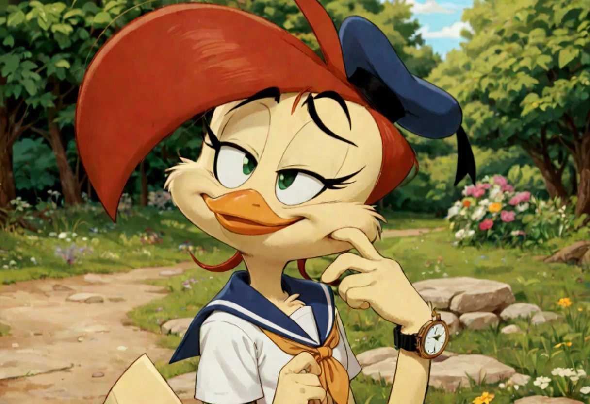 score_9, score_8_up, score_7_up, furry female, toony, 1girl, solo, hat, furry female, sailor bird, bird girl, red hair, green eyes, yellow fur, sailor uniform, neckerchief, beak, face closeup, smug, smile, watch, looking to the side, half closed eyes, outdoors