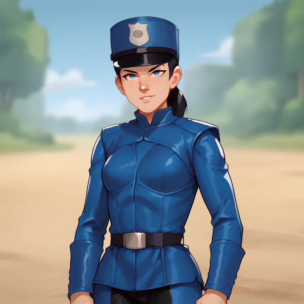 score_8_up, BREAK, 1girl, solo, G2, black hair, blue eyes, blue hat, blue headwear, blue uniform, belt, pants, cowboy shot, depth of field, <lora:G2_InspectorGadget2_Artwork_PXL_Leaf1:0.8>, police uniform, looking at viewer,