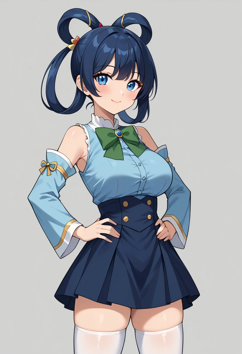 score 9, score 8 up, score 7 up, 1girl, solo, long hair, blue eyes, thighhighs, smile, skirt, blue hair, detached sleeves, breasts, looking at viewer, hair rings, single hair ring, simple background, blue skirt, hands on hips, hair ornament, blue shirt, blush, bangs, grey background, green bow, shirt, white thighhighs, bow, bare shoulders, large breasts, closed mouth, cowboy shot, bowtie