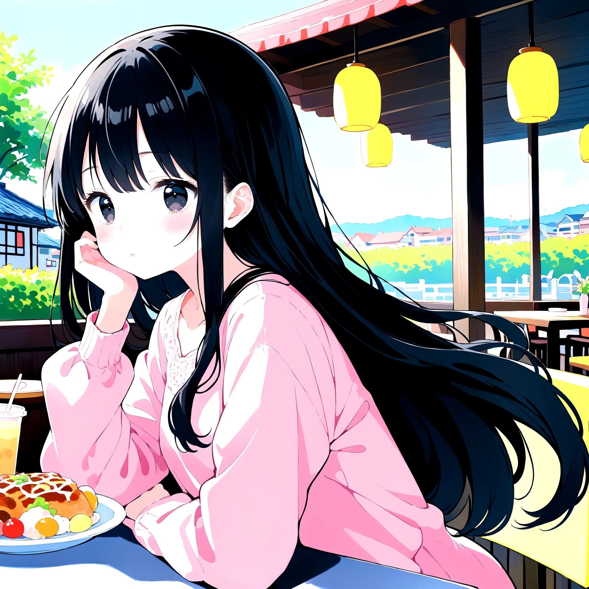 <lora:Gouache_SDXL:0.8>, 1girl, long sleeves, black hair, black eyes, day, sky, restaurant, pastel colors, Gouache