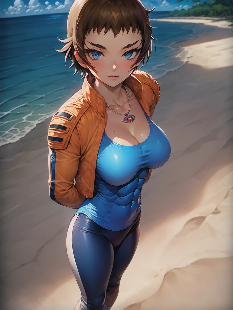 <lora:kugatachi_kaname_freya_sd15:1>, Kaname kugatachi, brown hair, blue eyes, scar, necklace, breast, abs, orange leather jacket, blue sleeveless shirt, tight shirt, blue leggings, 1girl, standing, alone, looking at the viewer, masterpiece, highres, highly detailed face, highly detailed shining eyes, symmetrical highly detailed eyes, entire body, legs, beach, sand, sea, sun, sunlight