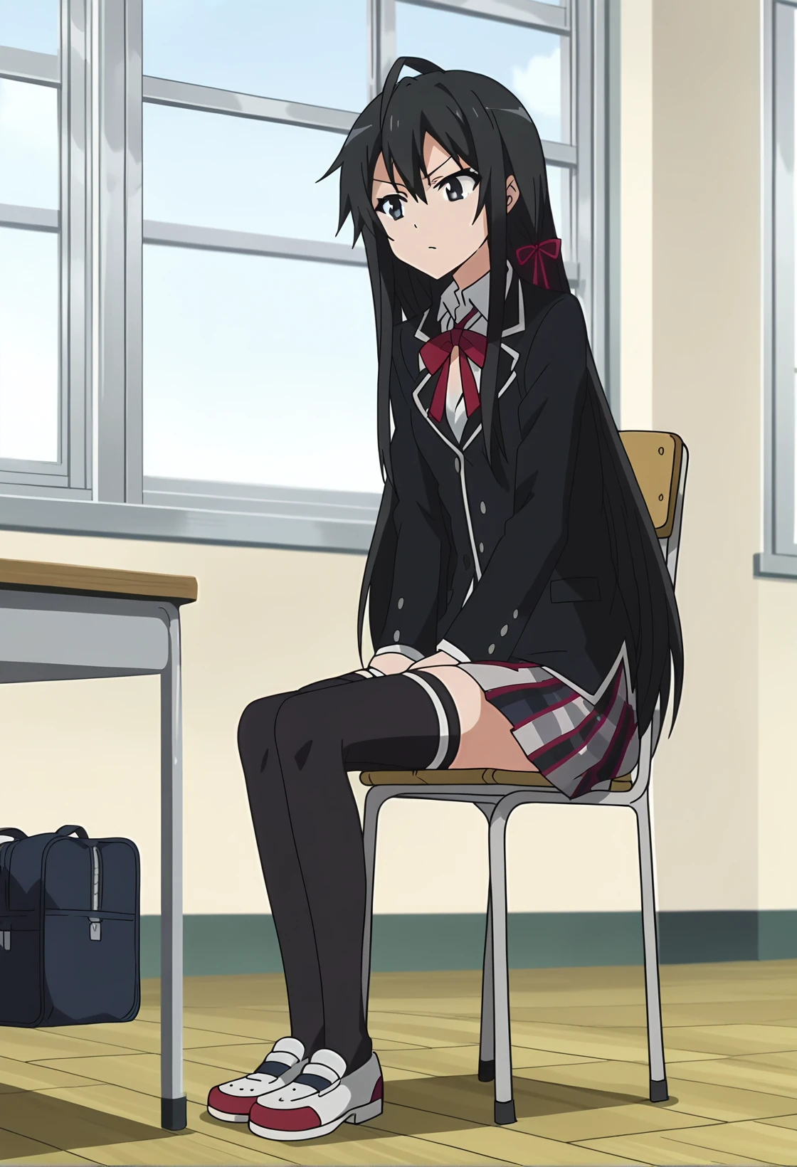 score_9, score_8_up, score_7_up, source_anime, anime screencap, 
BREAK
<lora:shiYukinoS1:1>, shiyukino, anime screencap, 1girl, solo, long hair, black hair, ribbon, sitting, very long hair, school uniform, shoes, black thighhighs, black eyes, red ribbon, zettai ryouiki, black jacket, window, chair, blazer, desk, sobu high school uniform