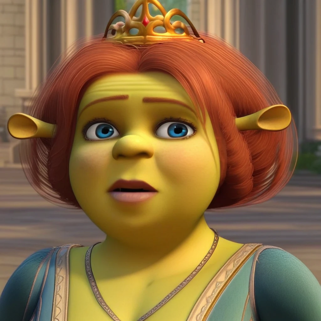 blue eyes, long sleeves, cleavage, antenna ears, Fiona, large breast, necklace, tiara on their head, ogre woman, blue dress, slippers, short red hair
