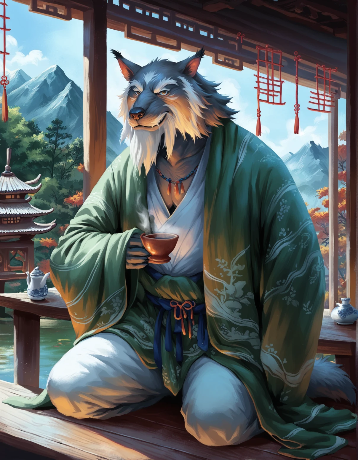 score_9, score_8_up, score_7_up, score_6_up, source_furry,
lgs, wolf yaoguai, male, anthro, solo, white beard, elderly, long beard, head tuft, green shawl, chinese clothing, sitting, kneeling,  smile, BREAK
lgs, wolf yaoguai, male, anthro, solo, old, white facial markings, coffee table, yard, asian building, pond, tree, mountain, leaf, detailed background,  white topwear,
<lora:BlackMythWolves_1.0.b:1>