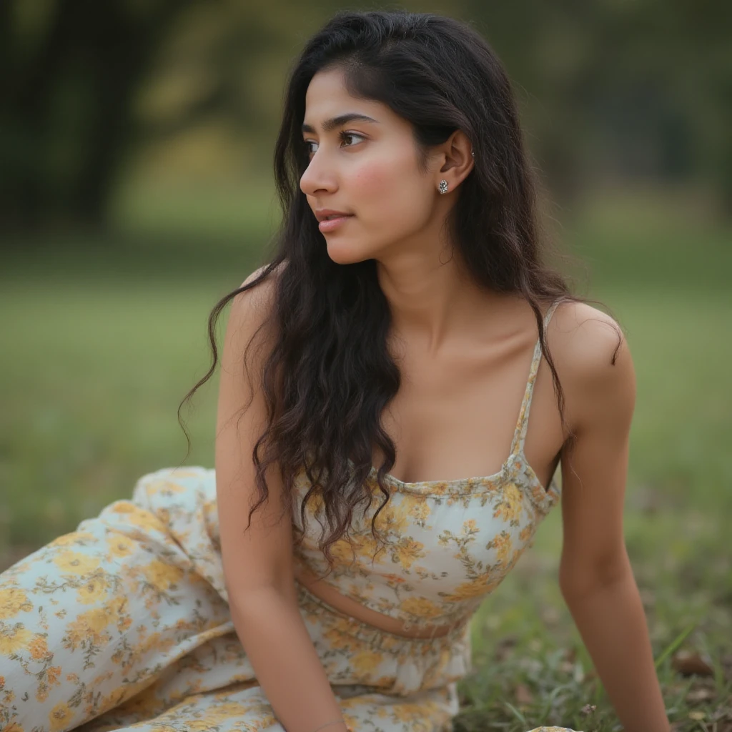 Sai_pallavi, sexy midriff, looking at the viewer,
She's like the girl next door and sitting in a park