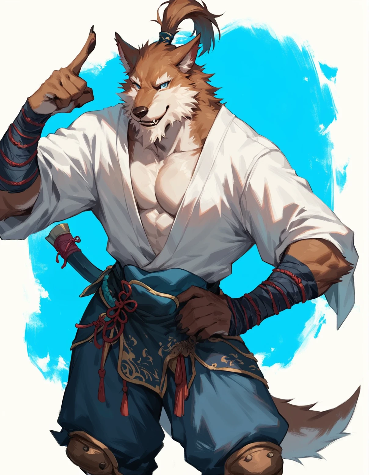 score_9, score_8_up, score_7_up, score_6_up, source_furry,
ljk, wolf yaoguai, male, anthro, solo, beard, long ponytaillgs, hair tie, chinese clothing, white topwear, arm wraps, grey blue pants, knee pads, (pointing up:1.2),BREAK
ljk, wolf yaoguai, male, anthro, solo,  one hand on hip, three-quarter portrait, chewing grass, high-angle view, smile, blue eyes, looking at viewer, (sheathed weapon:1.2), blue background, pattern background, simple background, 
<lora:BlackMythWolves_1.0.b:1>