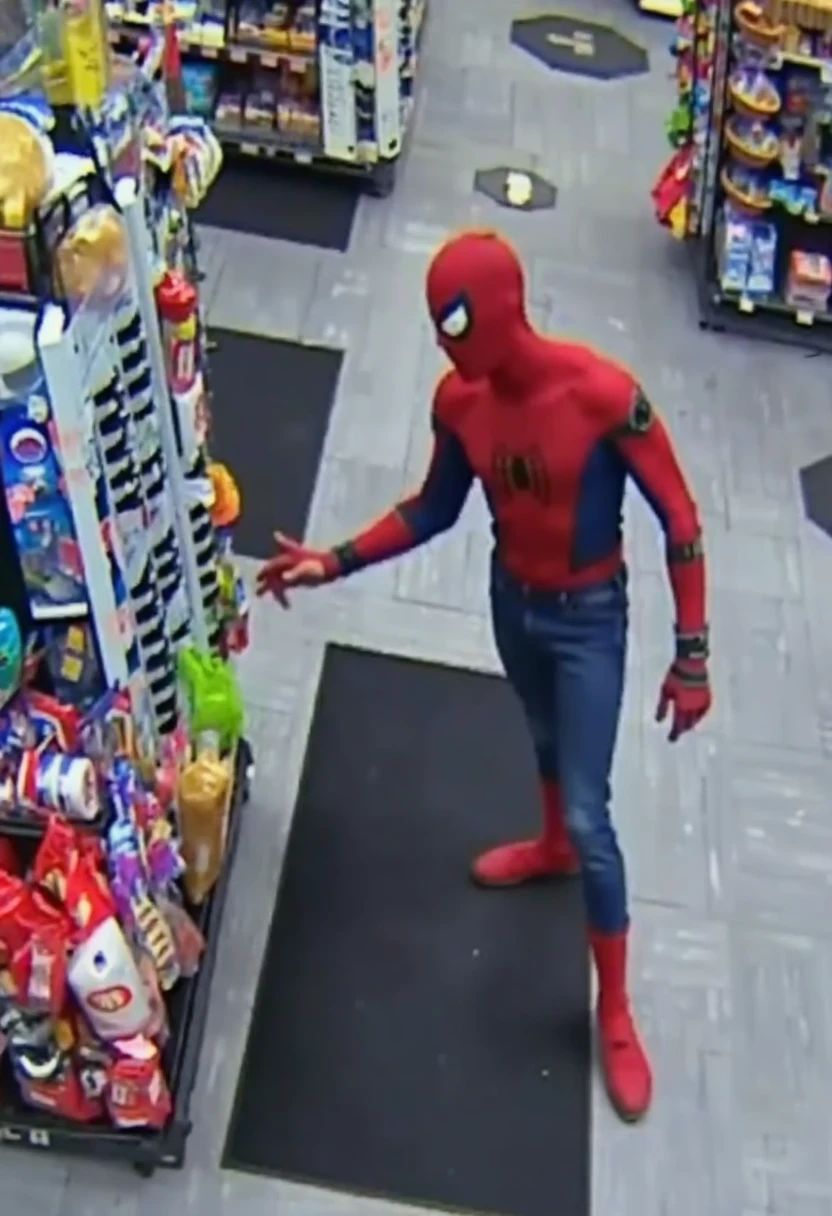 security camera footage of spider-man freaking out in a convenience store StoreCCTV