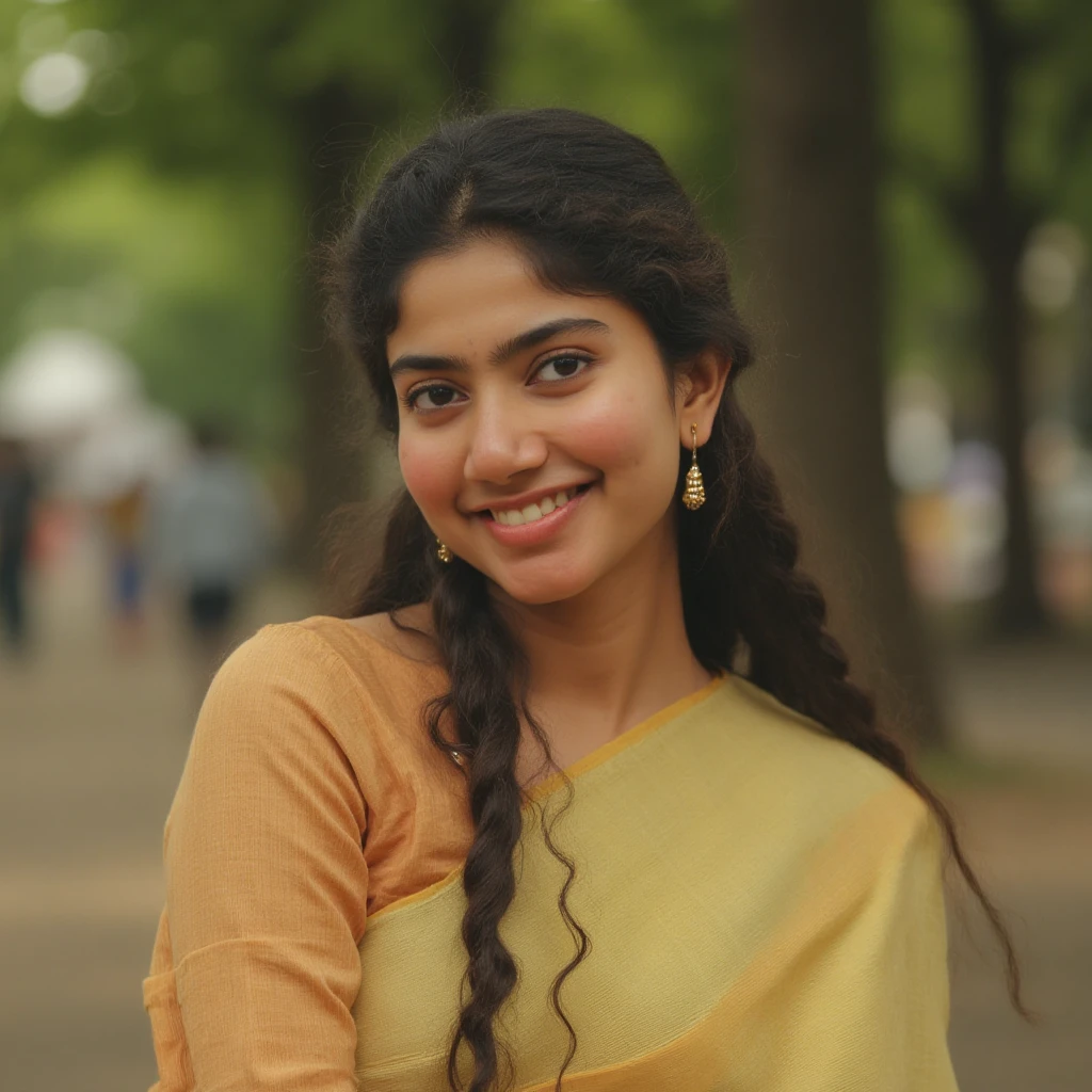 Sai_pallavi, looking at the viewer,
She's like the girl next door and sitting in a park