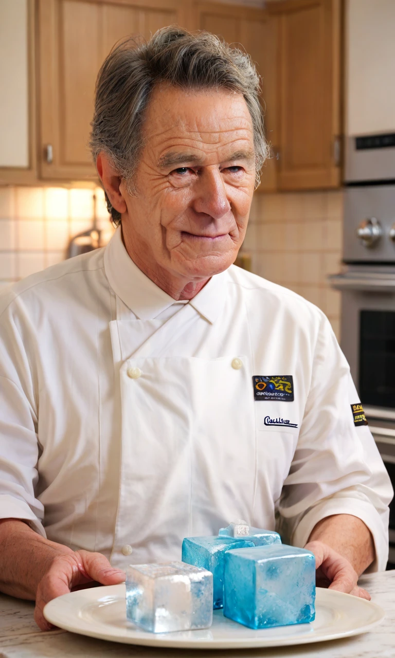 upper body,solo,(detailed face),solo,score_9, score_8_up, score_7_up, 1boy,brycran,grey-hair,solo,old,old man,aged_up,chef uniform,Holding a plate,blue ice cubes are on plate,kitchen<lora:EMS-469790-EMS:1.000000>