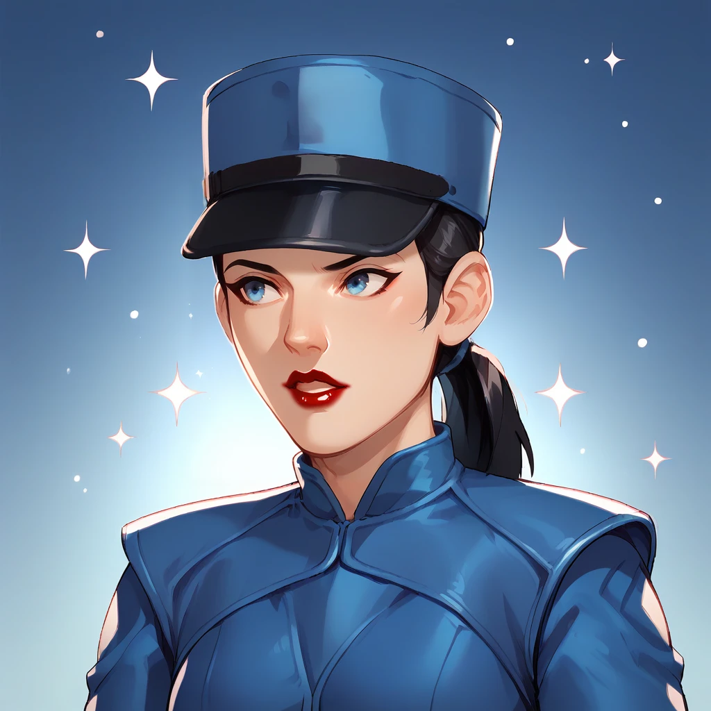 score_9_up, score_8_up, BREAK, 1girl, G2, black hair, low ponytail, blue eyes, red lipstick, blue hat, blue headwear, blue uniform, blue jacket, <lora:G2_InspectorGadget2_Artwork_PXL_Leaf2:1>, upper body, gradient background, starry background,