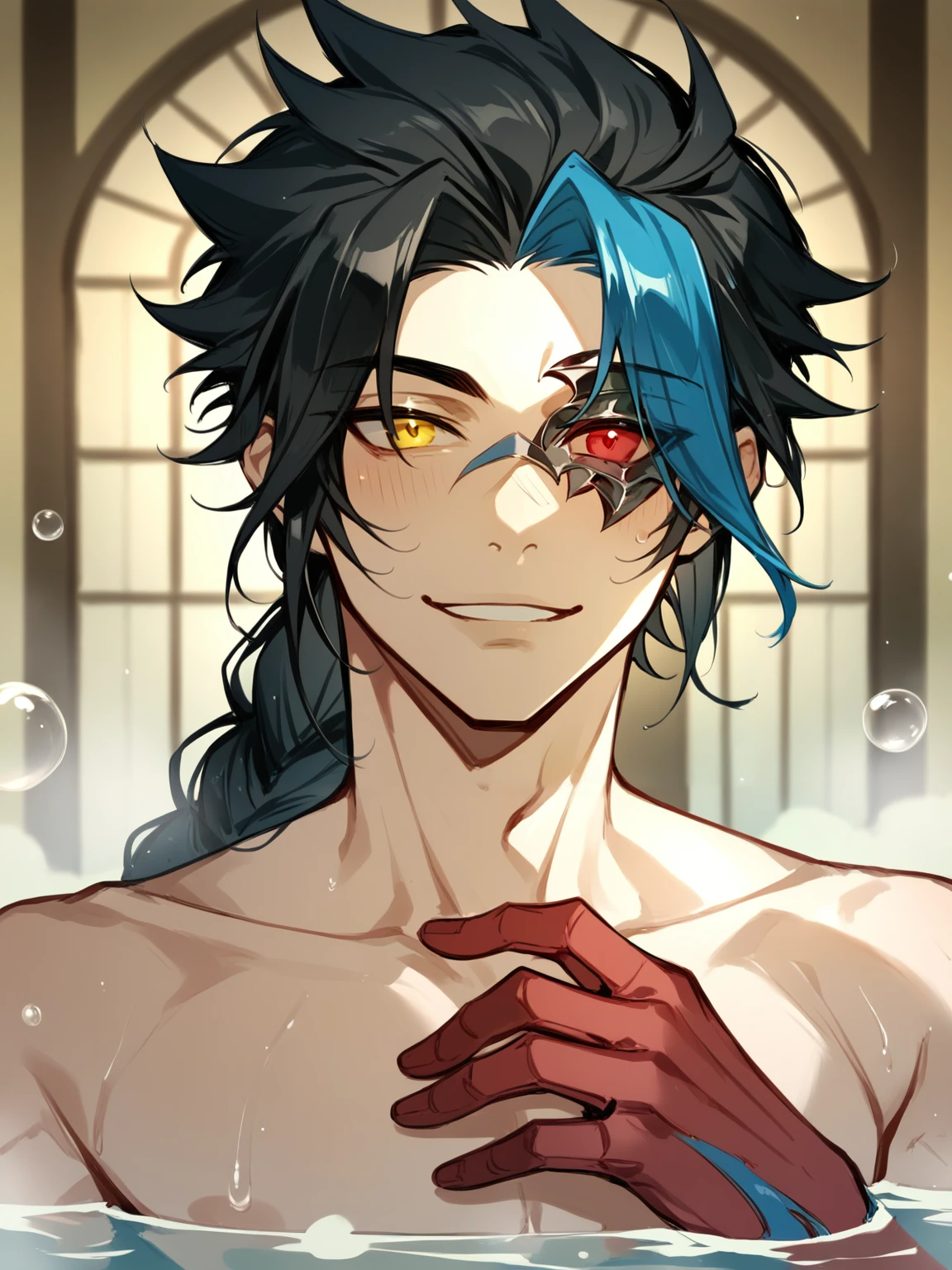 score_9, score_8_up, score_7_up, BREAK, KaynNormal, 1man, solo, long black hair, long braided ponytail, blue strand of hair, metalic mark on face with red eye, heterochromia, ((one red armored demonic hand)), topless, abs, naked,bath, bubble bath, foamy bubbles, close up, portrait,  <lora:KaynNormal:1>
