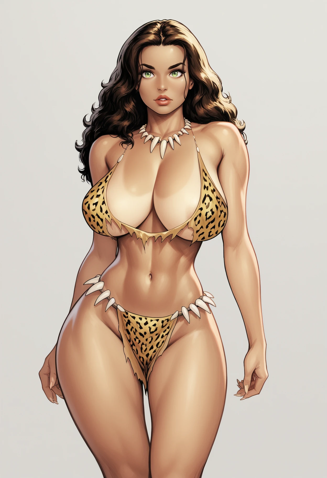 score_9, score_8_up, score_7_up, BREAK,
1girl, cavewoman, brown hair, long hair,
green eyes, necklace, torn clothes, leopard print, large breasts, curvy,
looking at viewer, simple background, white background   <lora:CavewomanXL:1>