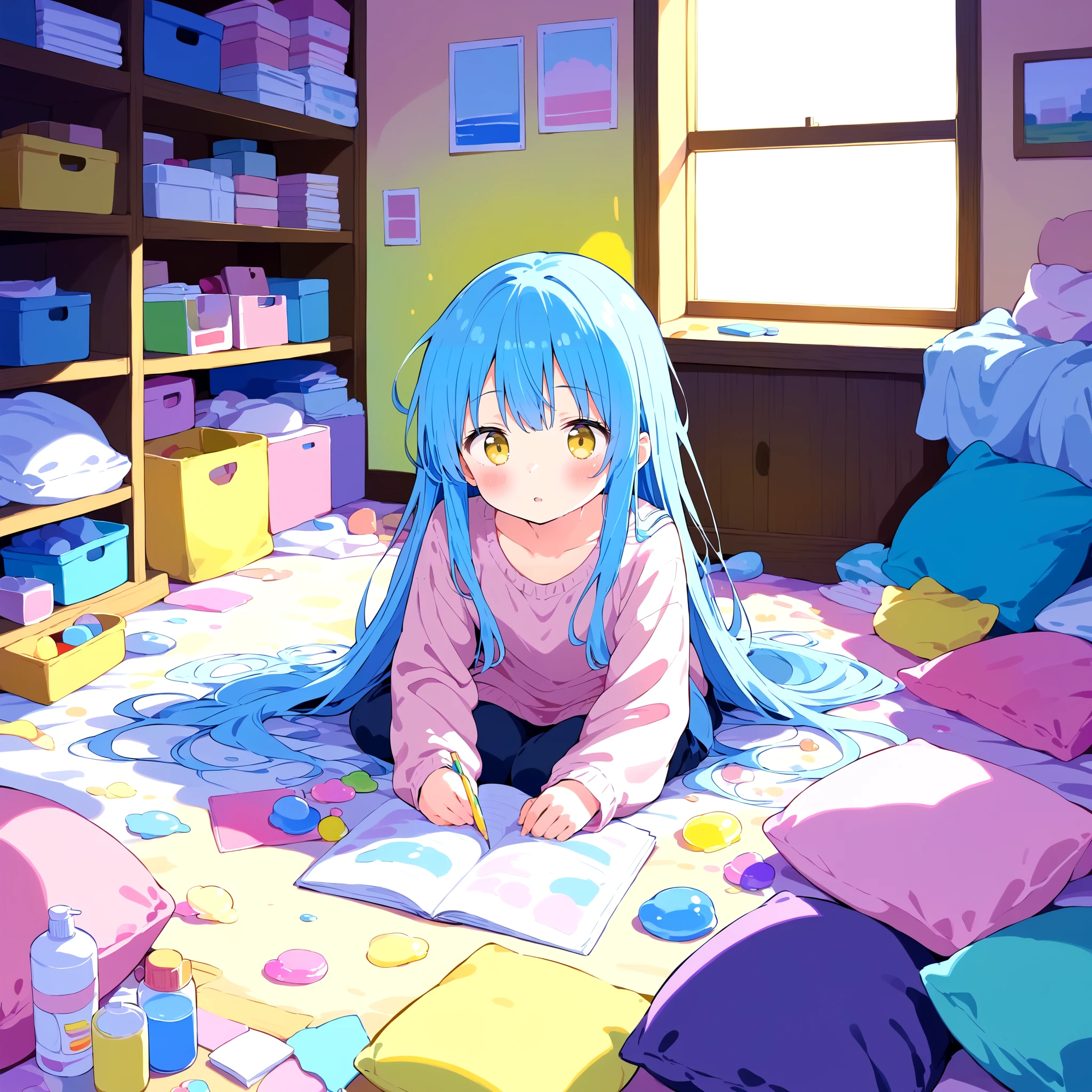 <lora:Gouache_SDXL:0.7>, 1girl, long sleeves, blue hair, yellow eyes, messy room, pastel colors, Gouache