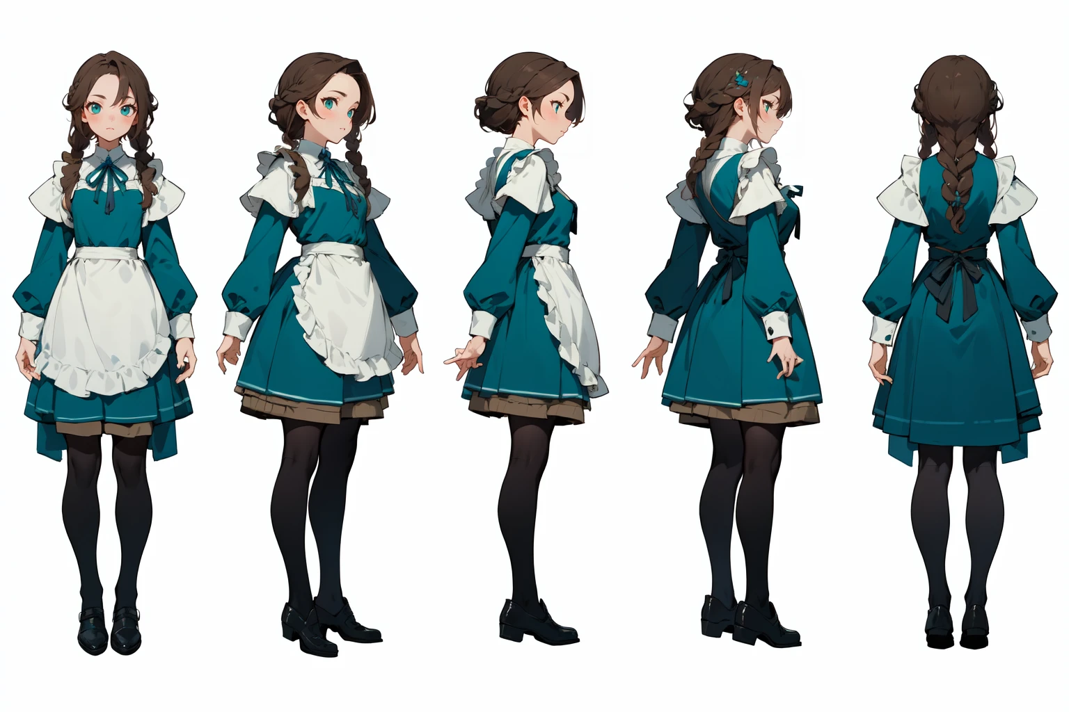 highres, masterpiece,
multi-view, turnaround, model sheet,  character design,
white background, simple background,
full body character turnaround of 1girl, Multiple views of the same character in the same outfit,
medieval,
female character, teal dress, maid outfit, frilled apron, black tights, dark shoes, long brown hair, braided hairstyle, white cuffs, blue ribbon, elegant attire, layered skirt, long sleeves,
<lora:CharTurnRetag_v4:0.1>
<lora:Witcher3turn_v1:0.1>
<lora:Medieval2turn_v1:0.6>
<lora:bg3Turn_v1:0.1>