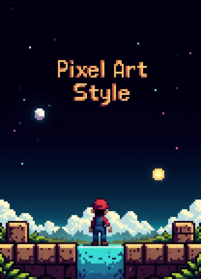 pixel_art_style, text saying "Pixel Art Style" as a title in the center above Mario in a platformer game level