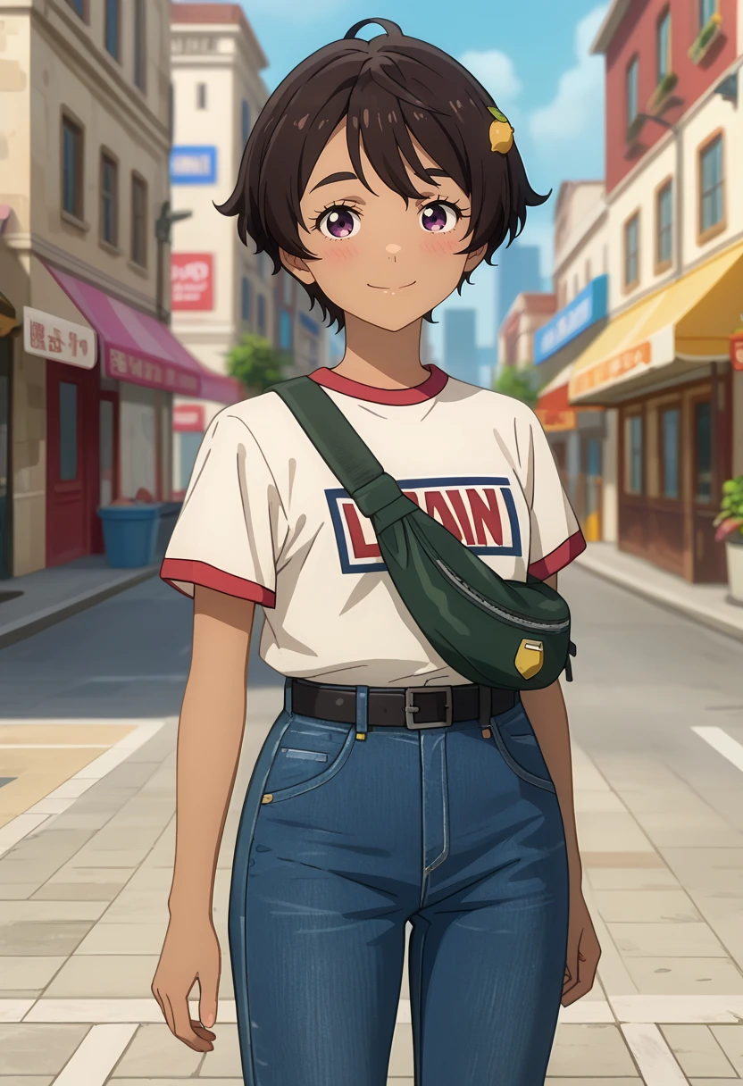 score_7_up, anime screencap,
<lora:MakeHeroinegaOosugiru_YakishioLemonXL:0.9>,
1girl, solo, closed mouth, light smile, blush,
dark skin, short hair, brown hair, purple eyes, lemon hair ornament,
LemonCasual, print shirt, white shirt, short sleeves, jeans, denim, black belt, fanny pack,
standing, looking at viewer, arms behind back,
blurry background, outdoors, street