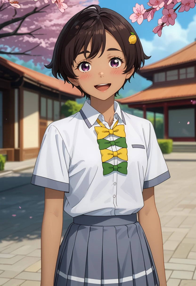 score_7_up, anime screencap,
<lora:MakeHeroinegaOosugiru_YakishioLemonXL:0.9>,
1girl, solo, open mouth, light smile, blush,
dark skin, short hair, brown hair, purple eyes, lemon hair ornament,
LemonSchool, collared shirt, white shirt, green bowtie, yellow bowtie, short sleeves, pleated skirt, grey skirt,
standing, looking at viewer,
blurry background, outdors, cherry blossoms