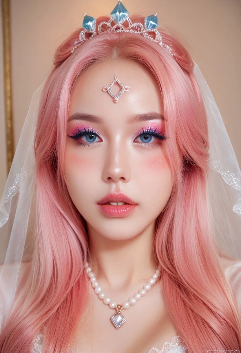 score_9, score_8_up, score_7_up,
ulzzang, ulzcrystal, 1girl, solo, long hair, looking at viewer, blush, blue eyes, hair ornament, jewelry, pink hair, parted lips, teeth, artist name, necklace, lips, eyelashes, makeup, tiara, gem, portrait, veil, eyeshadow, beads, realistic, forehead jewel, mascara, pearl (gemstone)