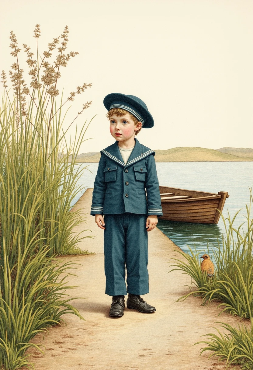 Charming Victorian watercolor painting, by Kate Greenaway. Features young boy in a blue sailor's outfit, and matching hat. He stands in on the pier surrounded by tall rushes and greenery, there is a rowboat in the water next to the pier.