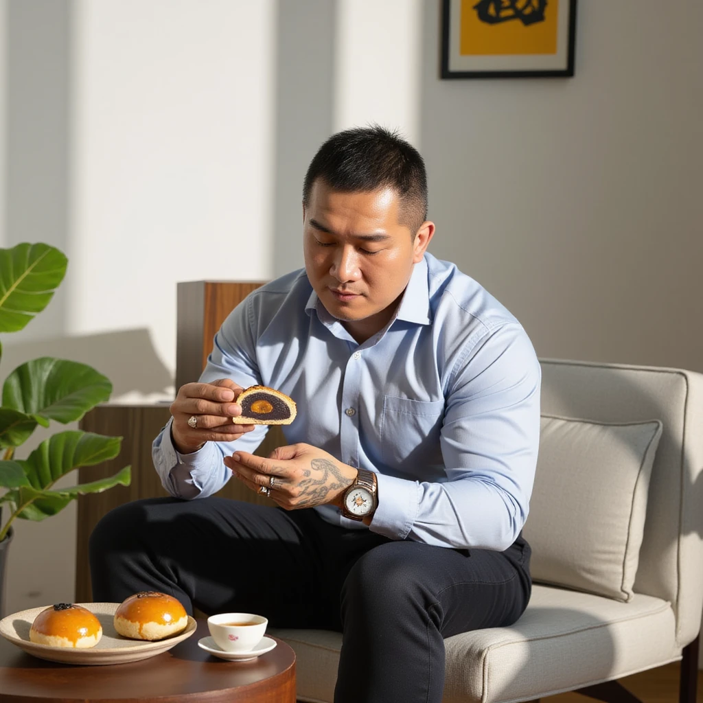 Full body shot of a man enjoying a Taiwanese egg yolk pastry (dan huang su) in a casual setting. The man, in his mid-30s with short black hair, is seated comfortably on a modern sofa or armchair. He's dressed in smart casual attire - perhaps a light blue button-down shirt and dark jeans.
He's leaning slightly forward, focused on the pastry in his hand. The dan huang su is partially eaten, revealing its golden-brown exterior and the dark filling with a hint of yellow egg yolk. His expression is one of enjoyment, eyes slightly closed as he takes a bite.
On a small coffee table in front of him, there's a plate with a few more pastries and a cup of tea, suggesting a relaxed afternoon snack. The room has a contemporary Asian feel, with minimalist decor and perhaps a potted plant or calligraphy art visible in the background.
Natural light streams in from a nearby window, highlighting the pastry and casting a warm glow on the scene. The overall image captures a moment of simple pleasure, showcasing both the appealing food and the relaxed atmosphere