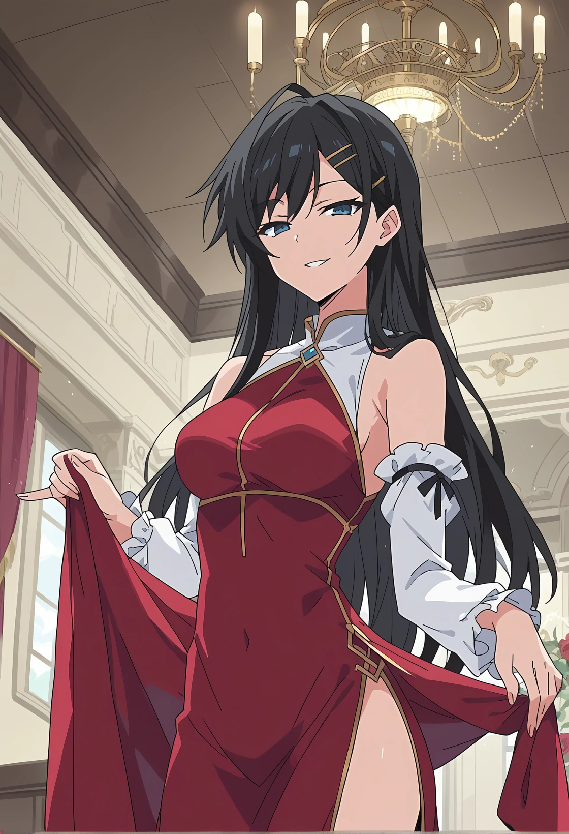 score_9, score_8_up, score_7_up, source_anime, anime screencap, 
BREAK
<lora:shiYukinoS1:0.9>, 1girl, solo, shiyukino, long hair, black hair, blue eyes, hair ornament, hairclip,
sleeveless dress, red dress, rose, side slit, detached sleeves, frills, 
seductive smile, half-closed eyes, looking at viewer, 
indoors, party, chandelier,