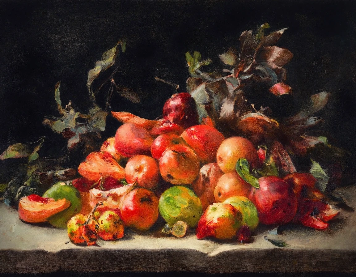 a painting of a still life of various fruits by Sgnc. The colors are monochrome with calm reds oranges greens and yellows. The composition is meticulous with the fruits arranged in a chaotic yet harmonious manner on a dark textured surface. The play of light and shadow adds depth and drama to the composition.