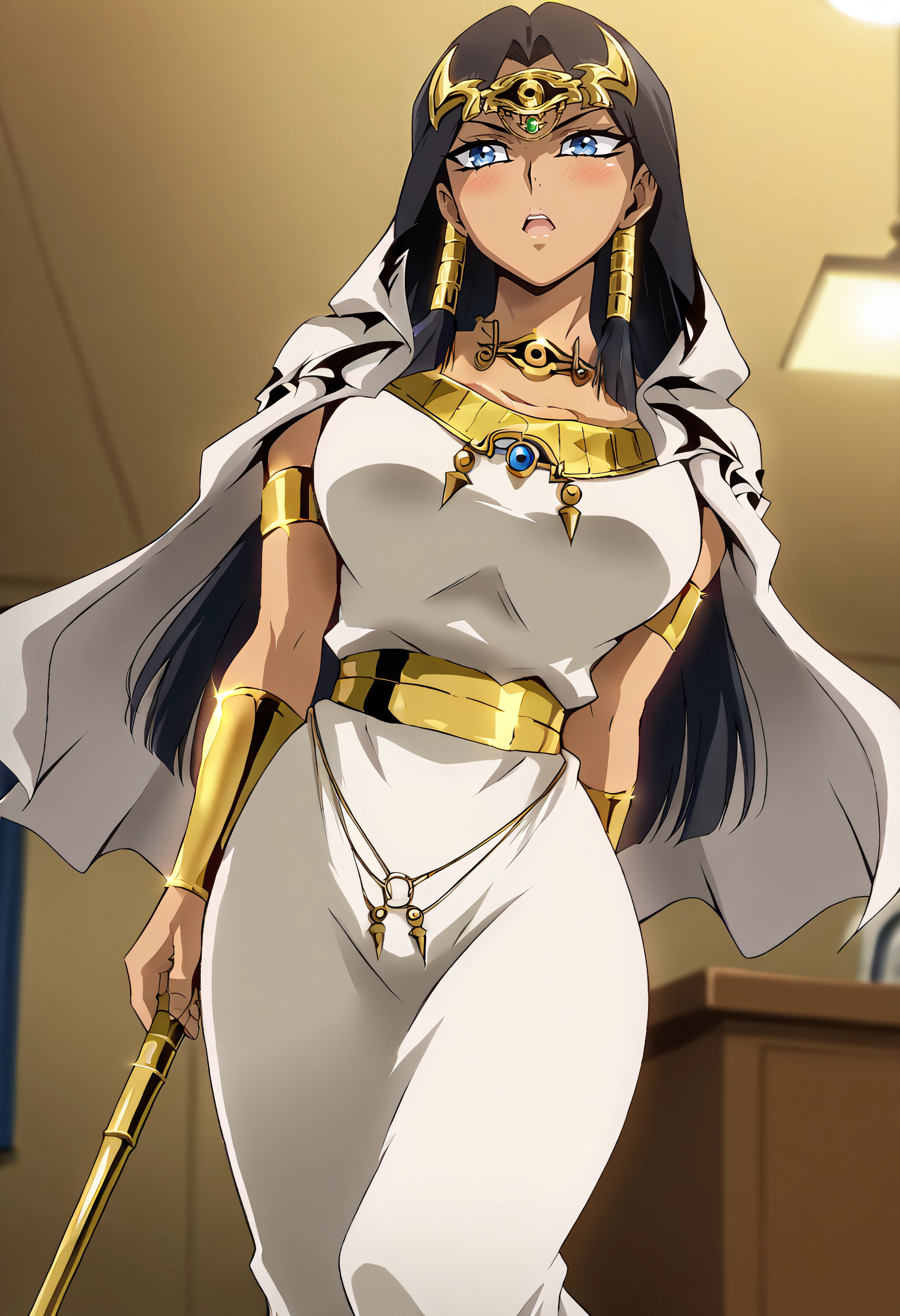 harayu, score_9, score_7_up, source_anime BREAK 1girl, looking to the side, wide angle,
<lora:Ishizuishtar_Dwnsty:1>, ishishtar, dark-skinned female, eye of horus, jewerly, black hair, forehead jewel, long hair, hair tubes, blue eyes, royal gown, jeweled crown, velvet cape, ornate necklace, long gloves, high-heeled shoes, regal train, elaborate embroidery, scepter, metallic panties, mechanic panties,
large breasts, skindentation,lips, blush, open mouth, arched back Middle of spine pushed forwards, :3, high five, Arms crossed behind the back pose, Slim body,
bedroom, smoke wisps, ceiling light, desk,