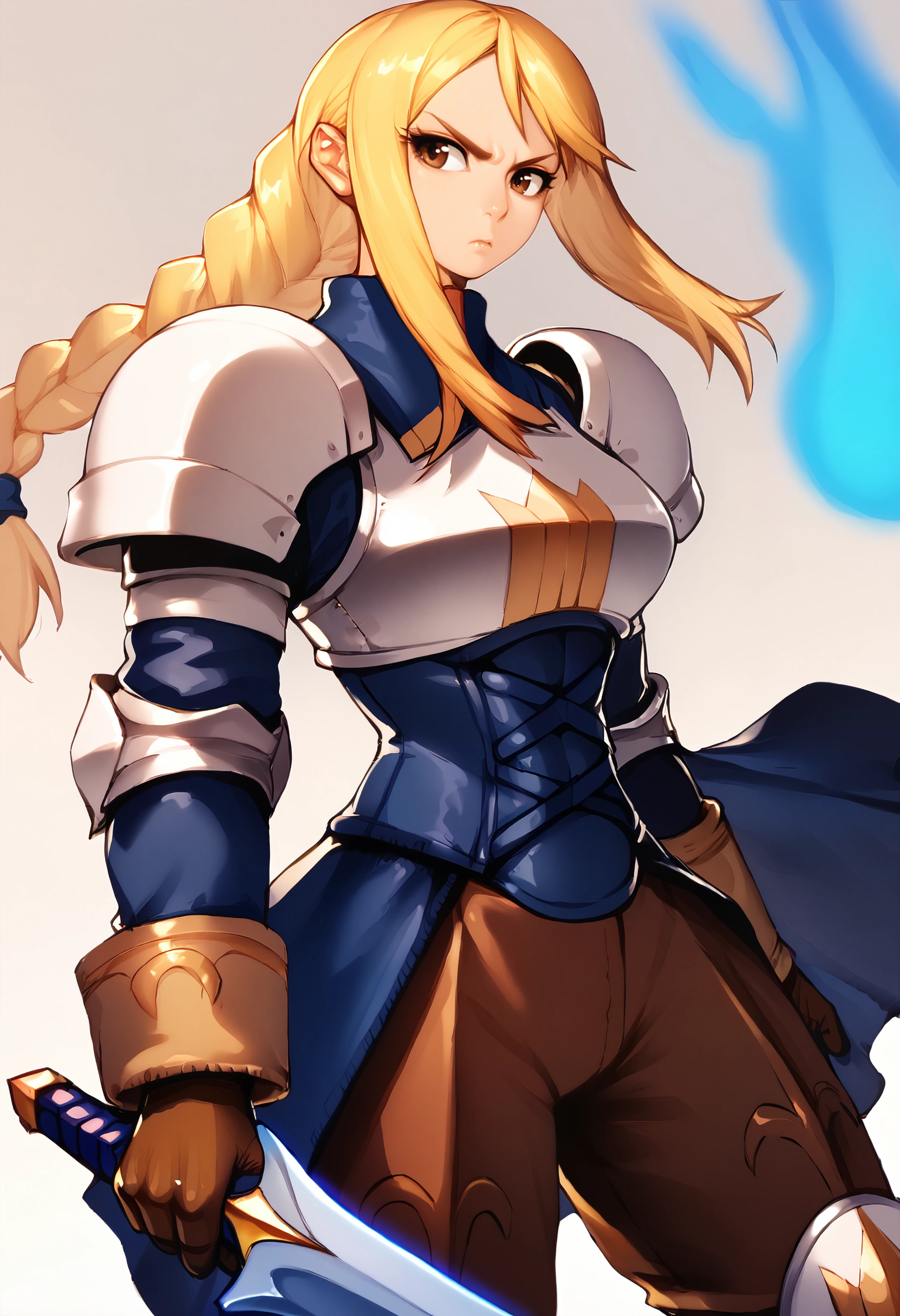 score_9, score_7_up BREAK agrias, blonde hair, braided ponytail,shoulder armor, armor, corset, brown pants, brown gloves, knee pads,serious,holding sword,blue aura,brown eyes <lora:fumio_pd_glora:1> <lora:agrias-pdxl-nvwls-v1:0.8>