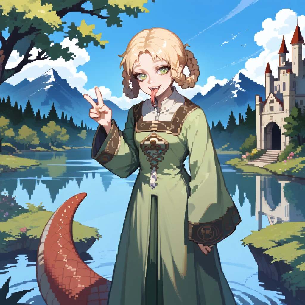 1girl,solo,<lora:bikini-000009:1>,ryascout,reptile girl,blonde hair,braided hair rings,parted bangs,green eyes,slit pupils,mole under mouth,green dress,long dress,embroidered dress,popped collar,gold trim,long sleeves,wide sleeves,sleeves past wrists,leaning forward,
outdoors,wetland,fog,tree,lake,cloudy sky,castle,mountain,
cowboy shot,front view,standing,in water,hand up,v,hand on own hip,looking at viewer,smile,"open mouth, forked tongue, long tongue, tongue out, large tail, snake tail, tail raised, tail wagging",, score_9, score_8_up, score_7_up, perfect anatomy, source_anime, zPDXL2,