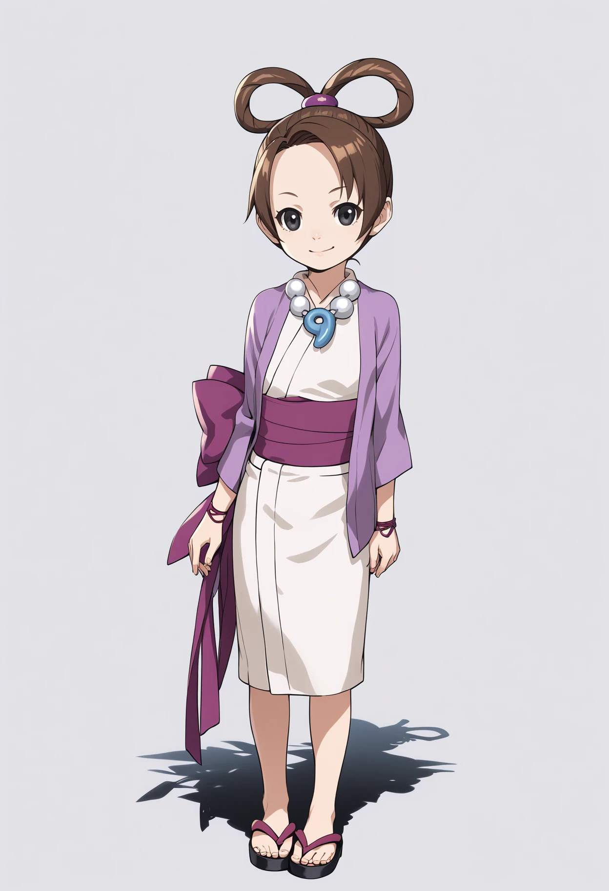 score_9, score_8_up, score_7_up, BREAK,
1girl, pearlfeyyoung, brown hair, hair rings, short hair, black eyes,
japanese clothes, kimono, magatama, necklace, sash, sandals,
full body, standing, smirk, solo, looking at viewer, simple background, white background  <lora:PearlFeyXL:1>