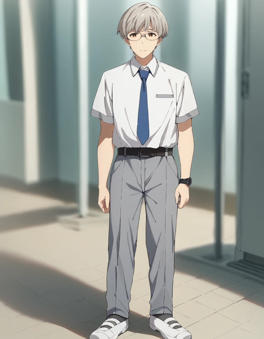 score_9, score_8_up, score_7_up, source_anime, BREAK
1boy, solo, looking at viewer, blurry background, full body, standing,
<lora:mitsuki_ayano_anime-soralz:1>,
mitsuki ayano, short hair, grey hair, glasses, brown eyes,, school uniform, white collared shirt, short sleeves, (wristwatch:0.6), blue necktie, belt, grey pants, white footwear