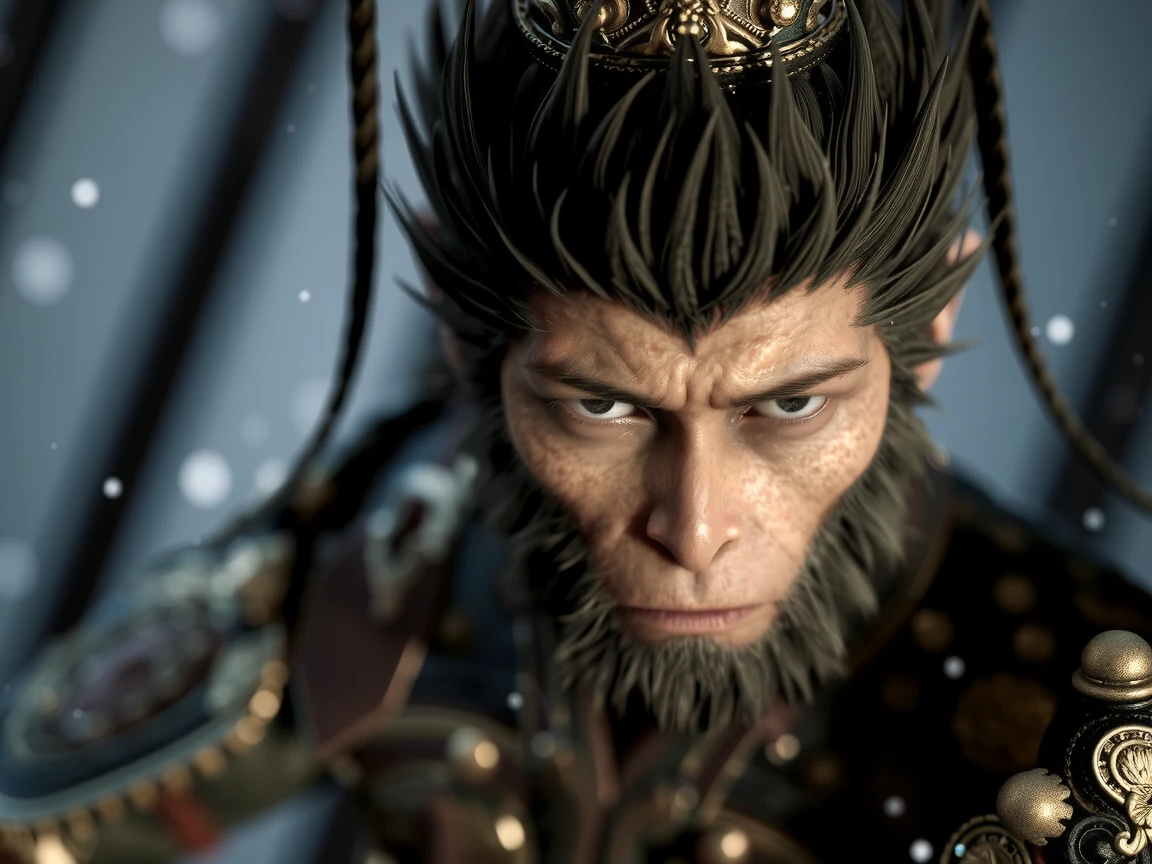 wukong, full body,headdress is two long ribbons on the crown, shattered glass pieces, past to future, digital grid effects, complicated environment, distortion, painted by Artgerm and yoji shinkawa and Hyung - tae Kim, wide angle, "perfectly shaded", extremely perfect facial detail, 32k, cinematic lighting, depth of field, vray, volumetric lighting, centered - shot, dynamic pose, Post - Production, professional color grading <lora:wukong:0.8>