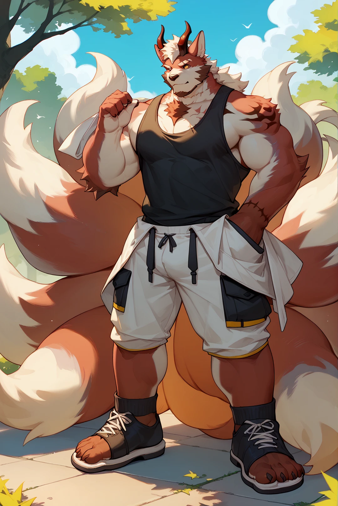 White fur,Black Hair,body muscle,blue eyes,tiger,shorts and shorts,White socks,sports shoes,male,Handsome,Q version。